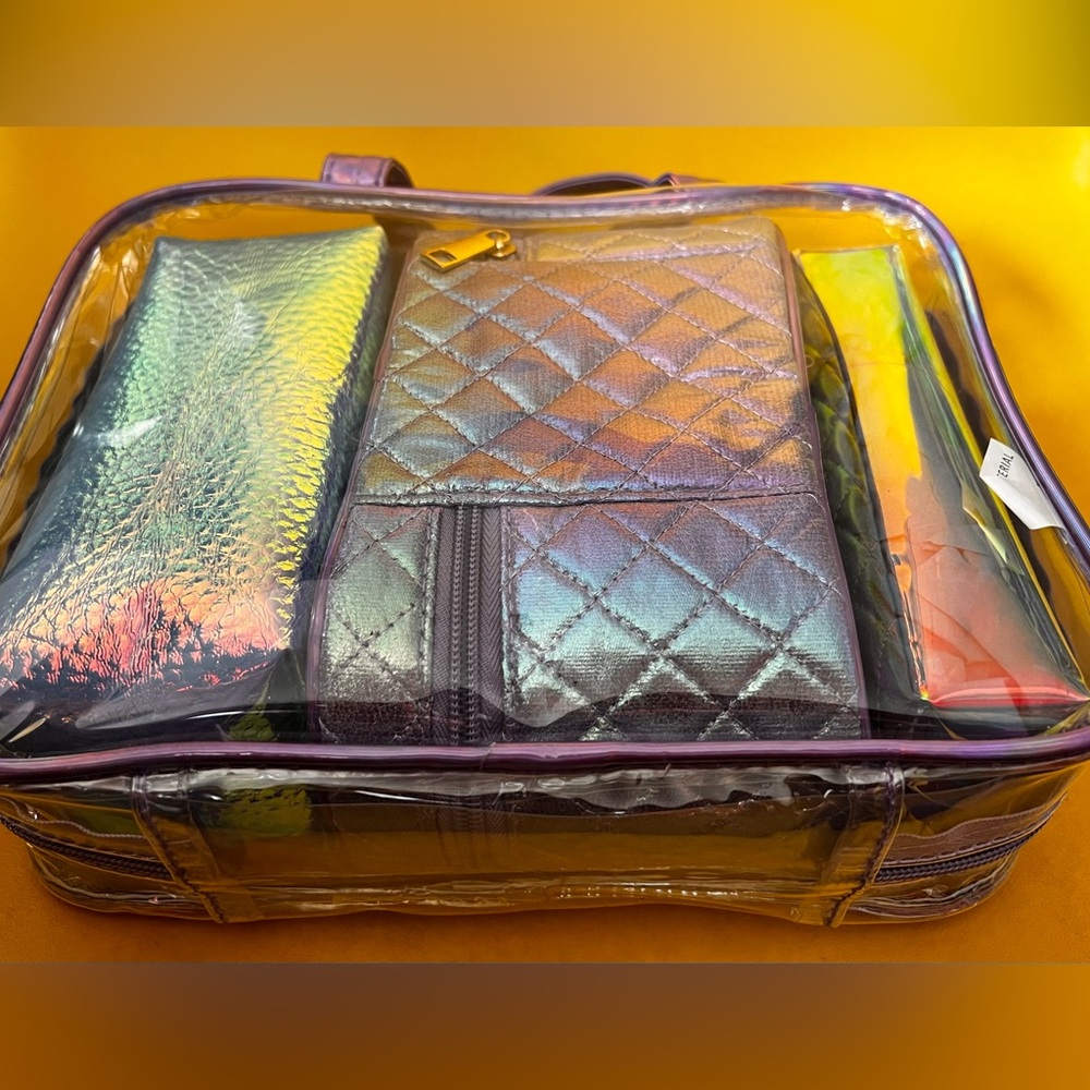 COSMETIC BAG zipper case set 4 pc satchel plus zip top bags iridescent combo NEW - Picture 8 of 9